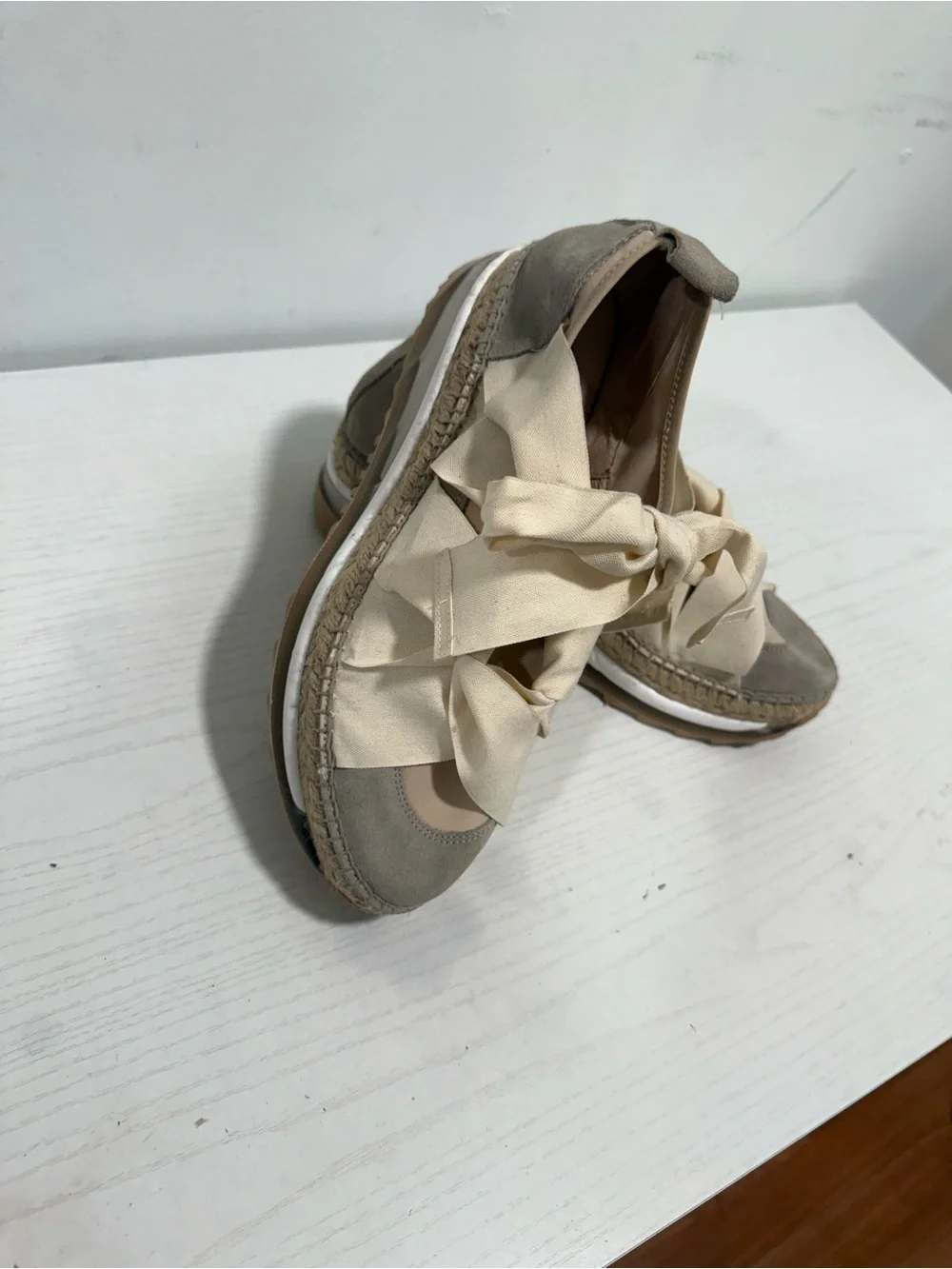 Free People Taupe Suede Espadrille Platform Sneakers with Cream Ribbon